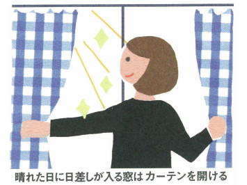 晴れた日に日差しが入る窓はカーテンを開ける